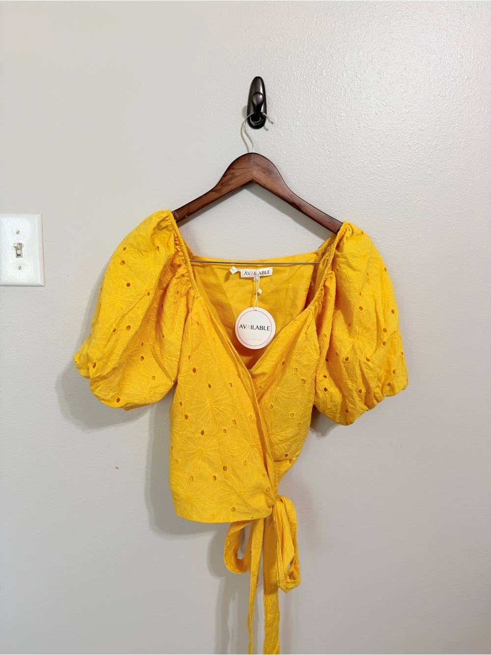 AVAILABLE Yellow Eyelet Puff Sleeve Wrap Top